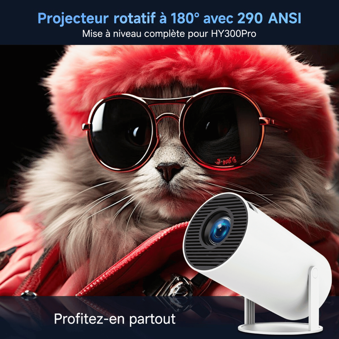 Projecteur blanc posé devant un chat à lunettes de soleil et capuche rouge, thème de la rotation à 180° 5