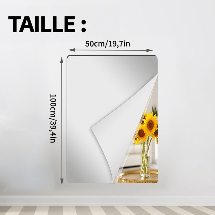 Feuille miroir rectangulaire en format haut collée au mur, coin décollé sur un bouquet de tournesols, avec cotes de largeur et hauteur. 12