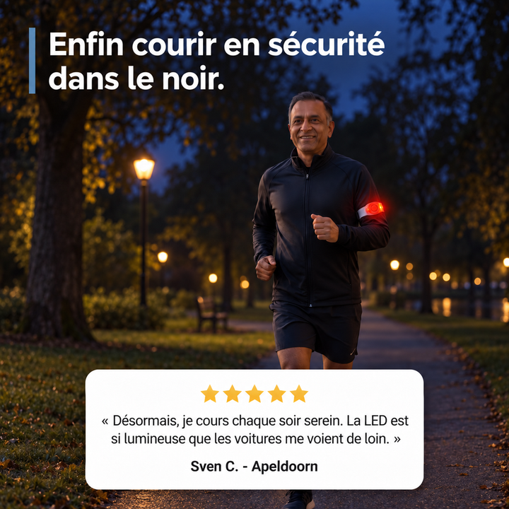 Coureur souriant dans un parc de nuit, brassard rouge allumé sur la manche 8