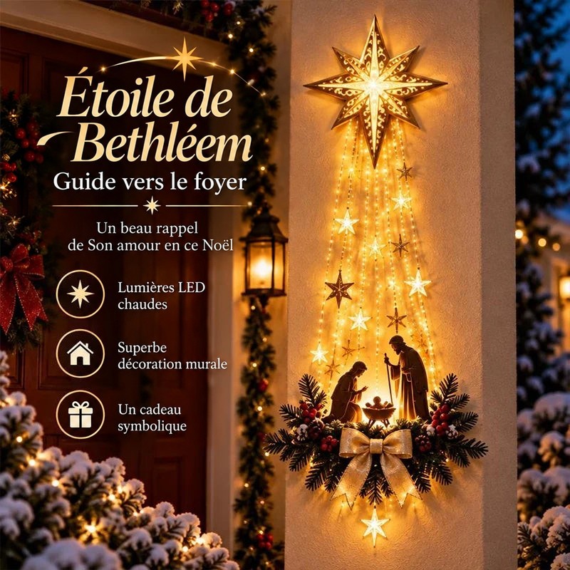 Étoile dorée lumineuse et scène de nativité fixées au mur d'un porche enneigé, guirlandes lumineuses en cascade 1