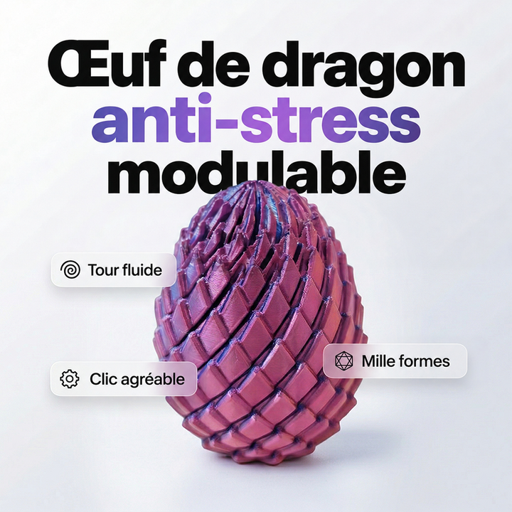 Œuf de dragon à écailles rose et violet irisé posé sur fond clair, avec des pictogrammes sur la torsion et les formes. 1