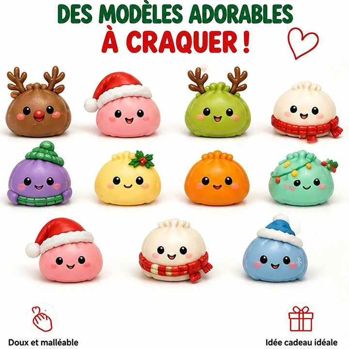 Onze raviolis souriants sur fond blanc, avec bonnet de Père Noël, bois de renne, écharpe ou guirlande 3