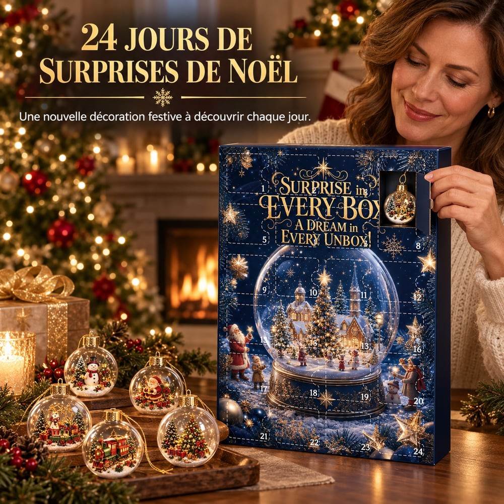 Femme souriante ouvrant une porte du calendrier, avec cinq boules transparentes posées devant sur un plateau en bois 2