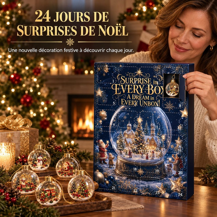 Femme souriante ouvrant une porte du calendrier, avec cinq boules transparentes posées devant sur un plateau en bois 2