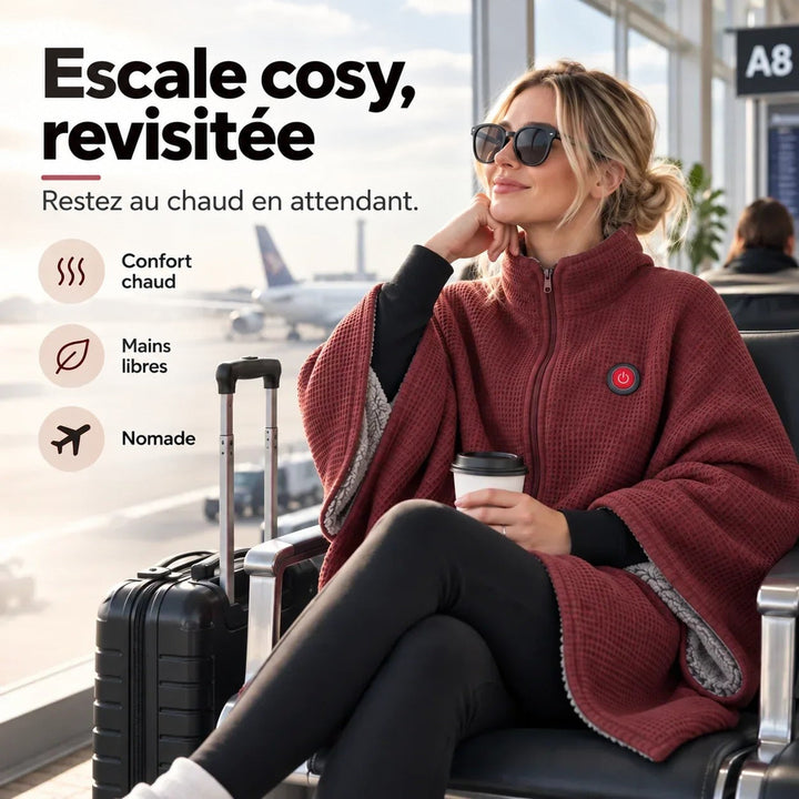 Femme portant la couverture rouge à col montant dans une salle d'embarquement d'aéroport, un café à la main 1