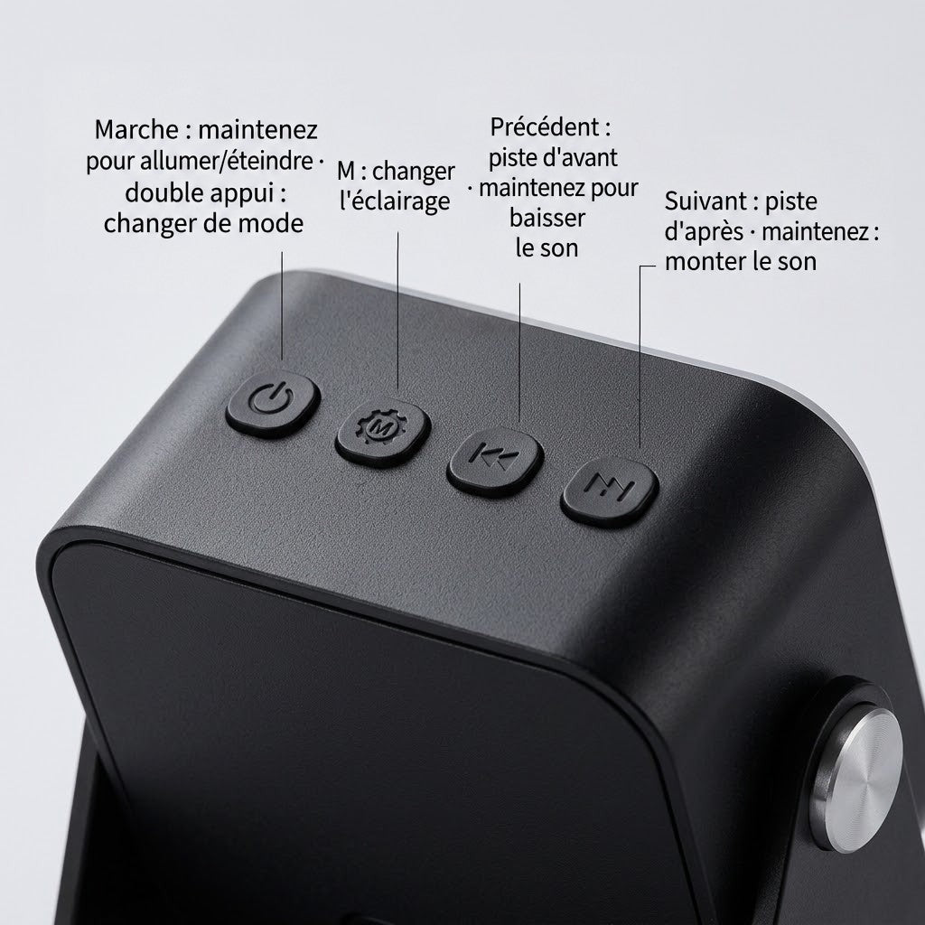 Gros plan sur les quatre boutons de commande sur le dessus du boîtier noir 4