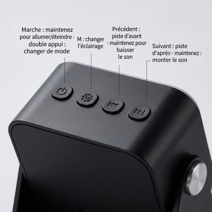 Gros plan sur les quatre boutons de commande sur le dessus du boîtier noir 4