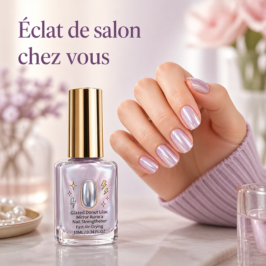 Flacon à bouchon doré posé sur du marbre, près d'une main aux ongles lilas irisés 1