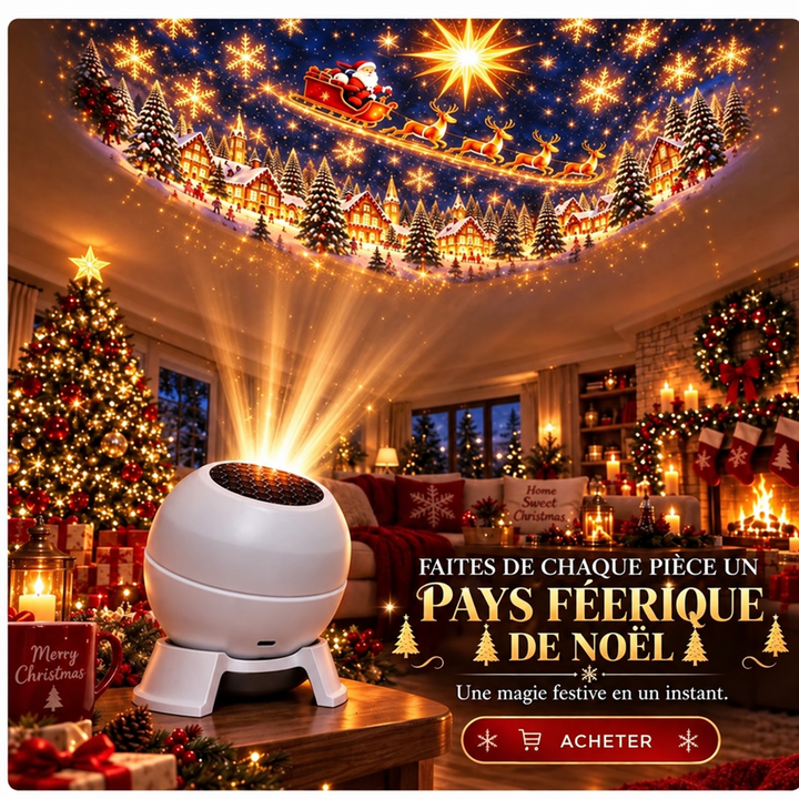 Projecteur sphérique blanc sur une table projetant un traîneau du Père Noël au plafond d'un salon décoré 1