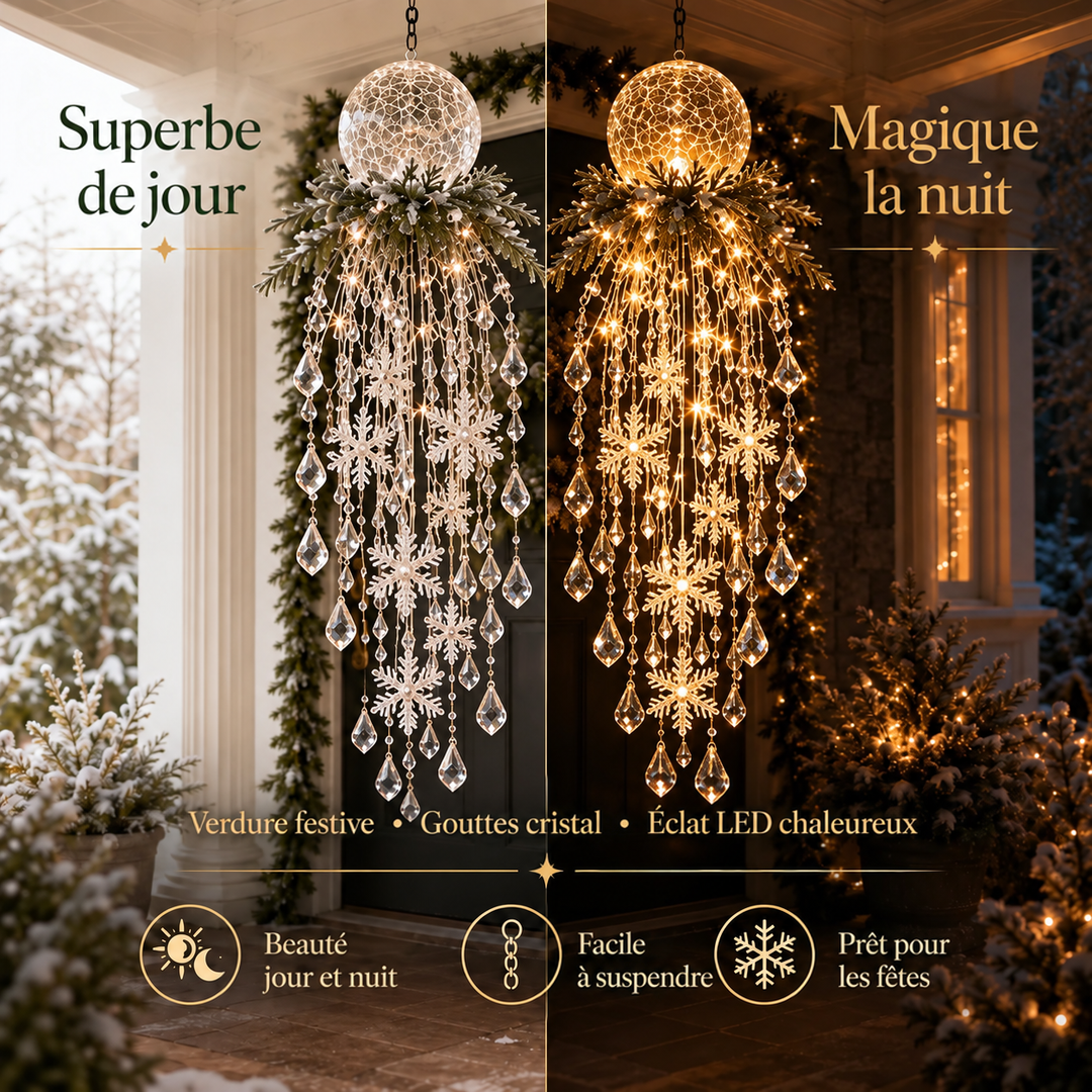 Comparaison jour et nuit du modèle à globe, avec feuillage, gouttes en cristal et LED blanc chaud 3