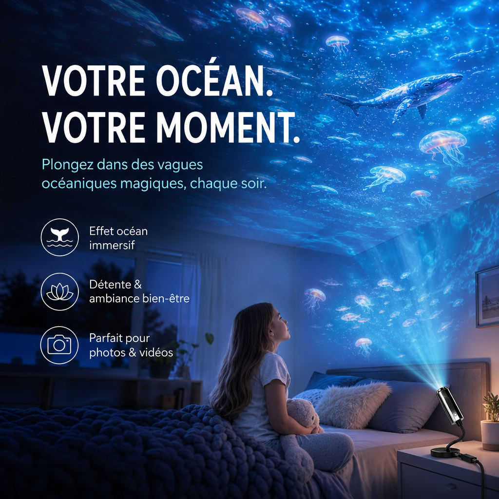 Chambre d'enfant plongée dans une ambiance océan, baleine et méduses projetées au plafond, projecteur sur la table de chevet 3
