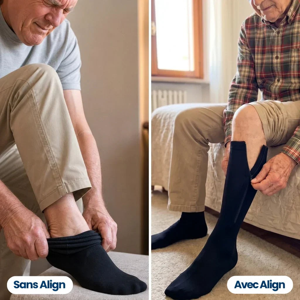 Comparaison de l'enfilage d'une chaussette classique et du bas à fermeture, porté assis sur un lit 3