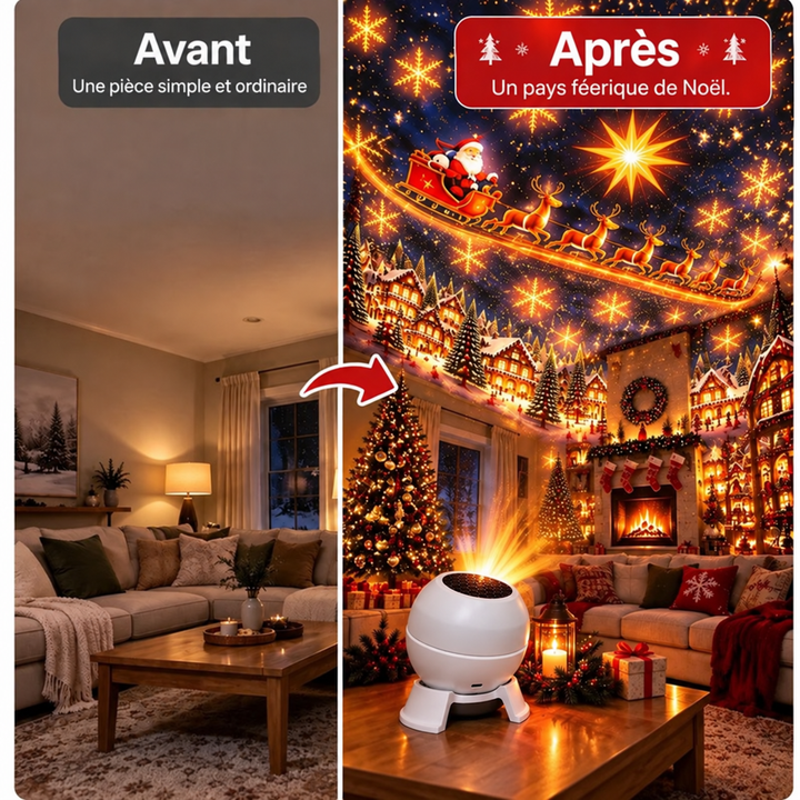 Comparaison avant-après d'un salon : à gauche une pièce simple, à droite la même pièce transformée par les projections de Noël du projecteur. 3