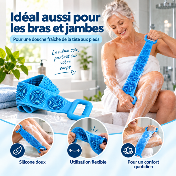 Femme enroulée dans une serviette qui frotte sa jambe avec la bande bleue, bande roulée au premier plan 6