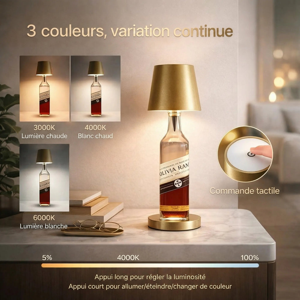 Lampe à abat-jour doré sur une bouteille, avec trois températures de lumière et commande tactile en gros plan 2