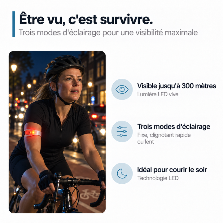 Cycliste casquée en ville la nuit portant le brassard rouge allumé, avec pictogrammes des fonctions 3