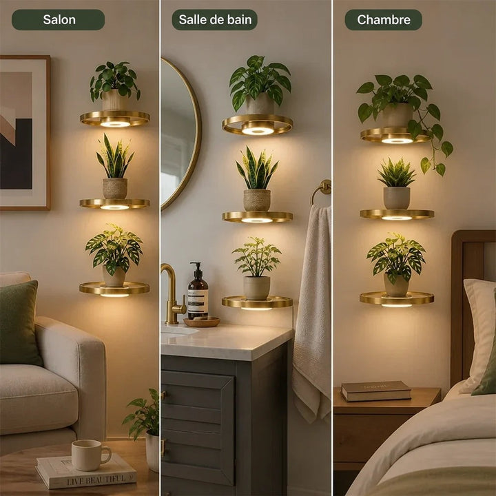 Trois ambiances côte à côte montrant des séries de trois étagères dorées lumineuses avec plantes dans un salon, une salle de bain et une chambre. 5