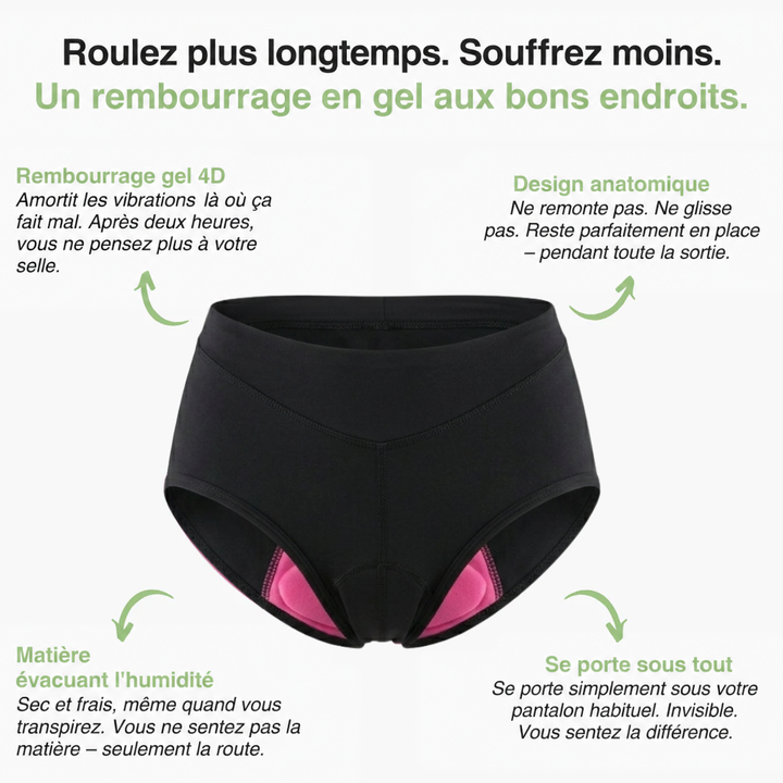 Culotte noire à plat avec coussinet rose visible à l'intérieur et schéma de ses atouts 3