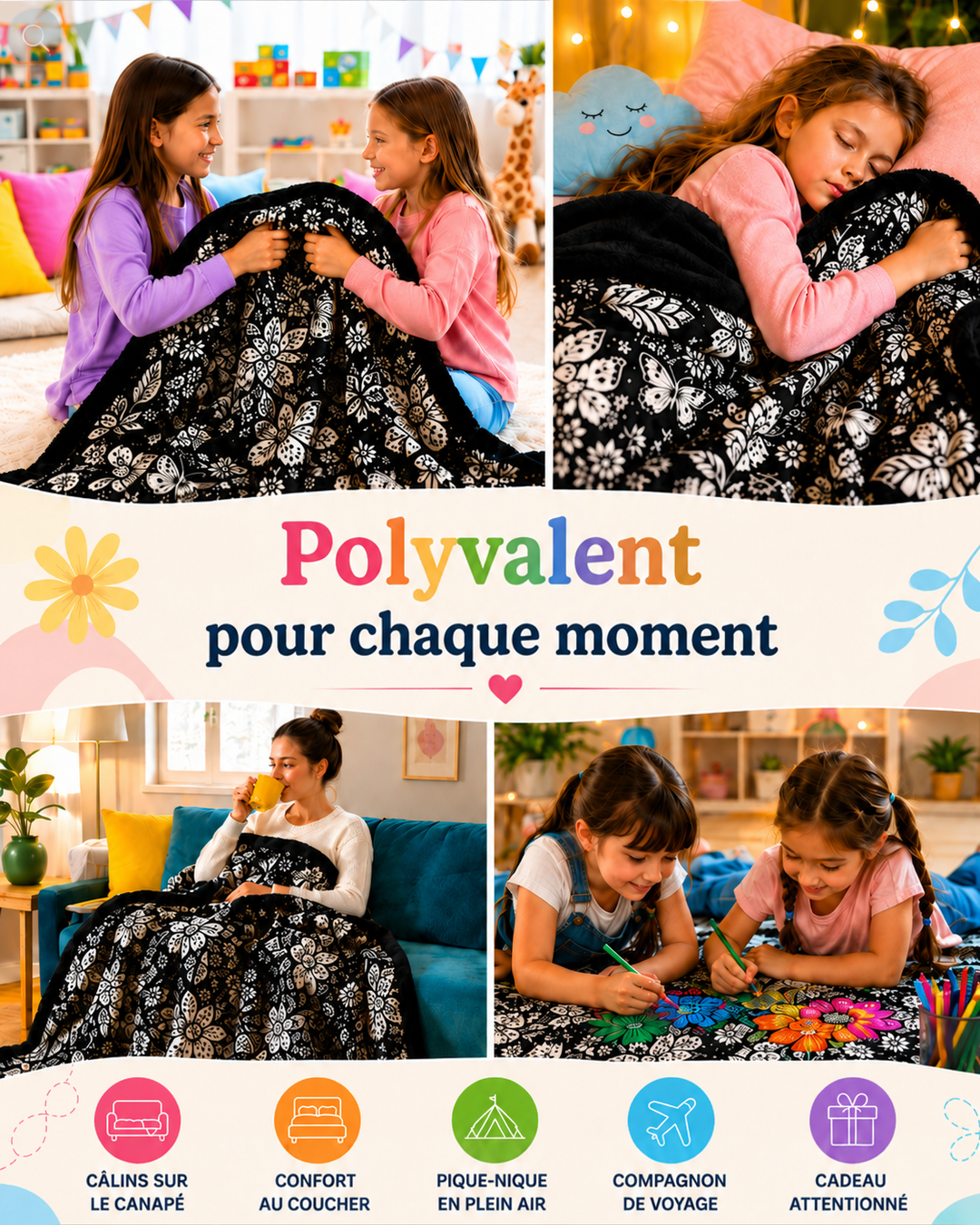 Quatre scènes d'usage du plaid : câlins entre fillettes, sieste, boisson sur le canapé, coloriage au sol 5