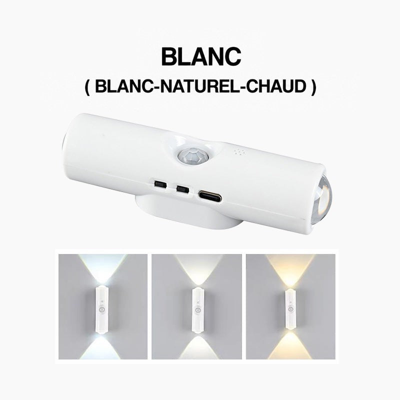 Lampe blanche cylindrique avec détecteur et prise USB-C, et trois teintes de lumière blanche sur le mur 1