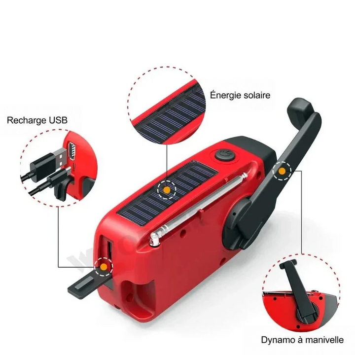 Vue de dessus de la radio rouge avec détails du panneau solaire, du port USB et de la manivelle 3