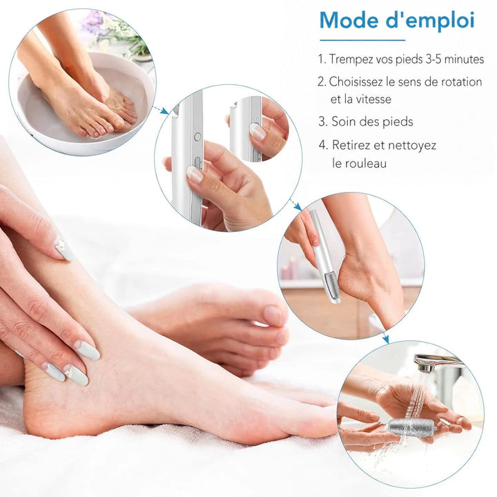 Étapes d'utilisation en quatre vignettes: pieds trempés dans un bol, réglage de la vitesse, passage sur le talon, rinçage du rouleau. 6