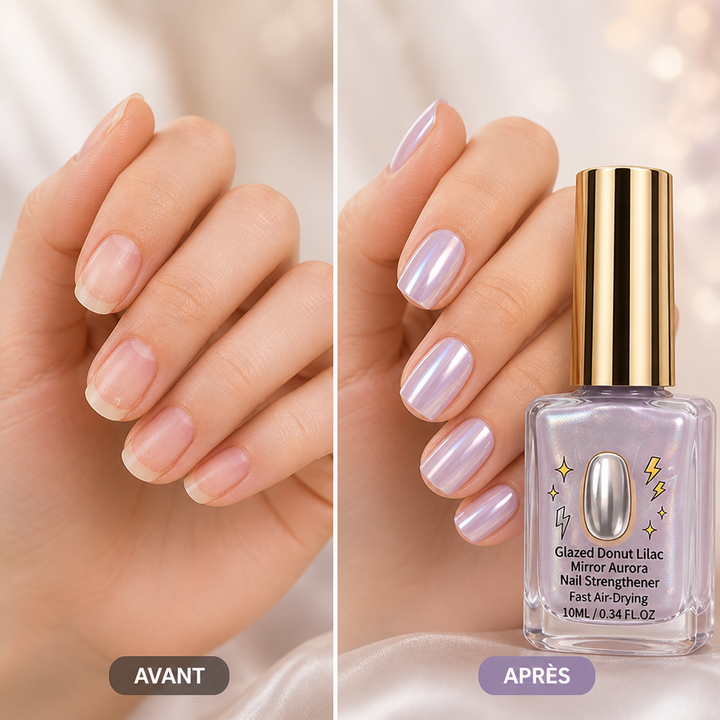 Comparaison avant-après : ongles nus à gauche, ongles lilas miroir tenant le flacon à droite 4