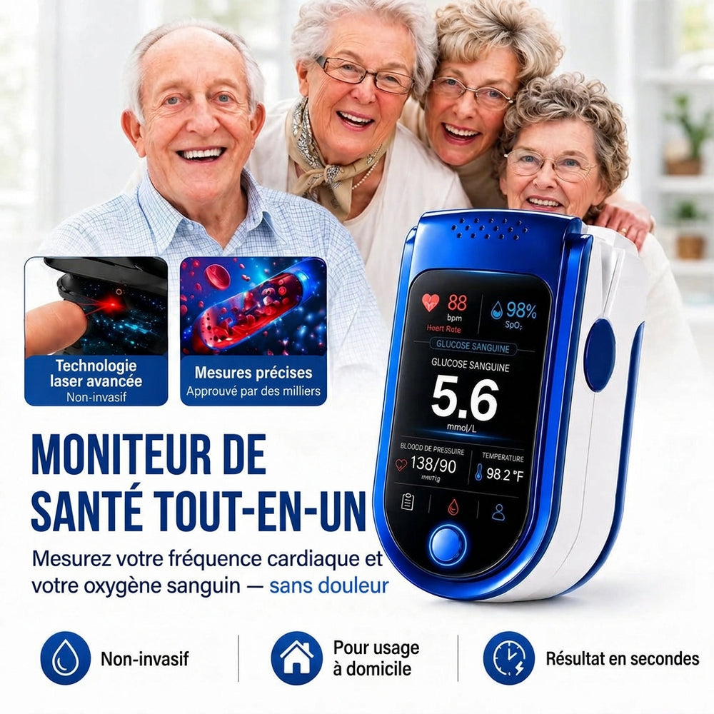 Blauw-witte vingerclipmeter met kleurendisplay naast vier lachende senioren, met drie iconen onderaan en twee kleine technologiebeelden linksboven. 1