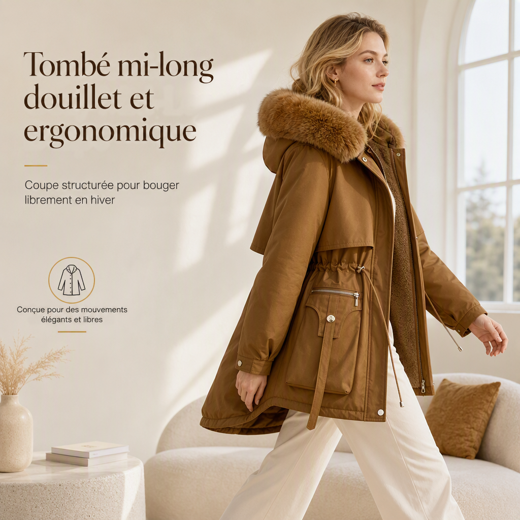 Femme marchant dans un intérieur lumineux, vue de profil, parka marron mi-longue à capuche fourrure 6