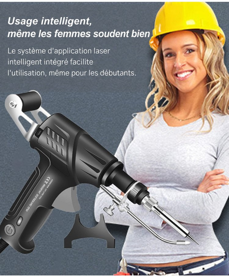 Femme souriante au casque jaune, bras croisés, derrière le pistolet présenté avec son support noir 12