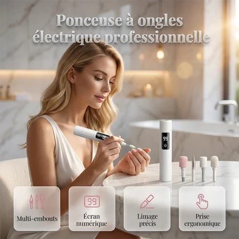Femme blonde se faisant les ongles avec le stylo électrique blanc, les quatre embouts posés sur une table en marbre 1