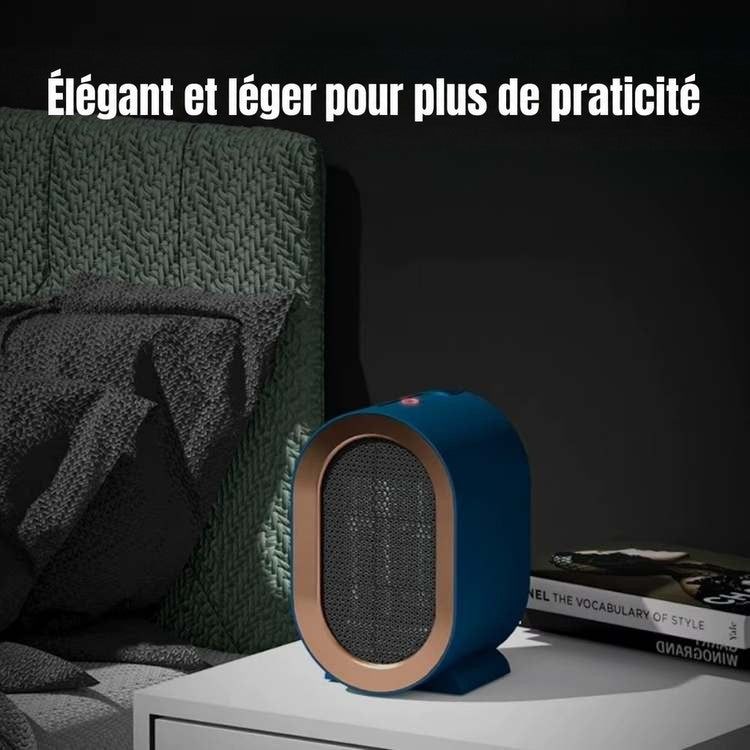 Chauffage bleu sur une table de chevet blanche, devant un lit aux draps sombres 2