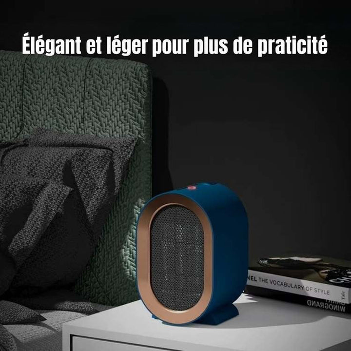 Chauffage bleu sur une table de chevet blanche, devant un lit aux draps sombres 2