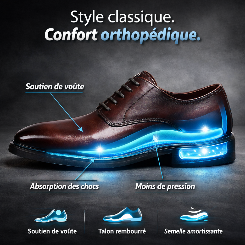Schéma d'une chaussure bordeaux en coupe montrant le soutien de la voûte et la semelle amortissante 5