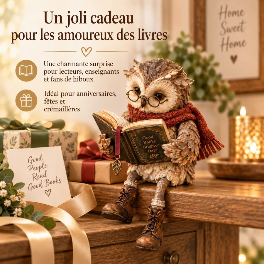 Chouette sur une console en bois entourée de paquets cadeaux avec rubans, d'une carte et d'une bougie, en idée de cadeau. 7