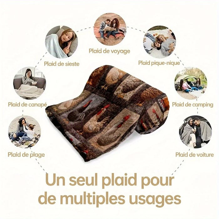 Couverture à poules brunes roulée au centre, entourée de vignettes de situations d'utilisation 11