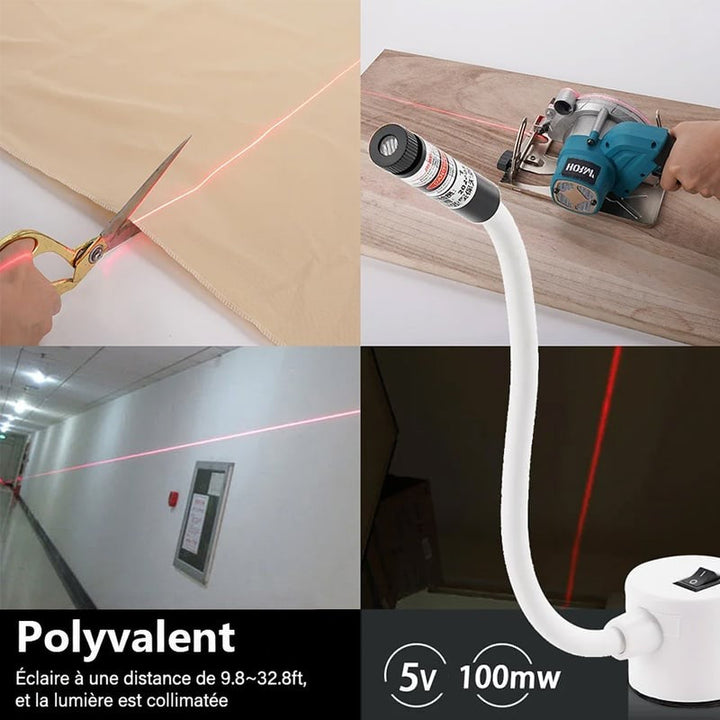 Quatre usages du laser: coupe de tissu aux ciseaux, sciage du bois, alignement dans un couloir, trait vertical dans 8