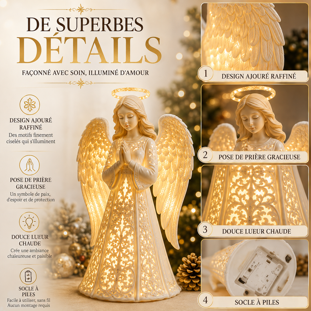 Ange allumé en vue d'ensemble, avec quatre détails: ailes ajourées, visage en prière, robe découpée, socle à piles 5