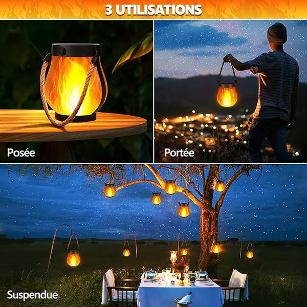 Trois usages de la lanterne : posée sur une table, portée à la main, suspendue à un arbre 5