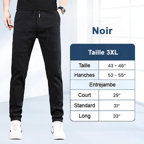 Pantalon noir porté par un homme, accompagné d'un tableau de tailles en pouces pour la taille 3XL 9