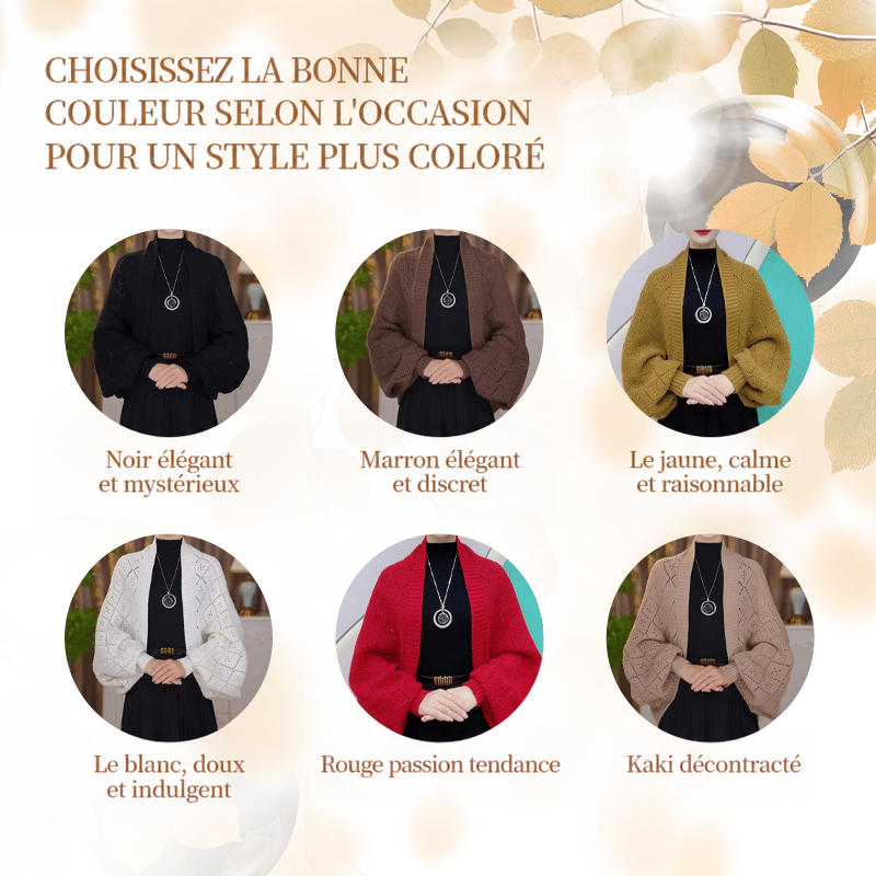 Planche de six coloris du cardigan ajouré : noir, marron, moutarde, blanc, rouge et beige, portés par un mannequin 13