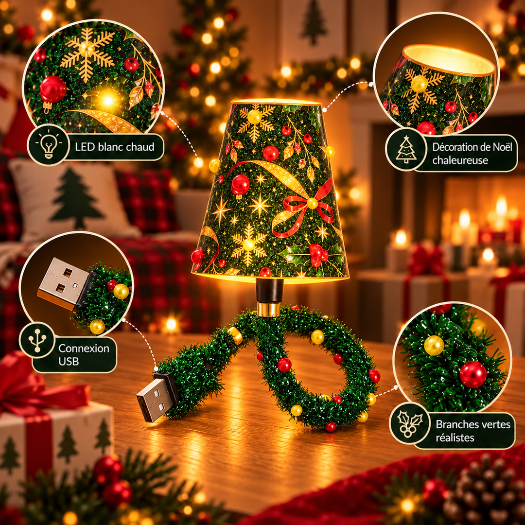 Projecteur sur une table, entouré de quatre gros plans : lumière chaude de l'abat-jour, connecteur USB, décor festif et branches vertes. 7