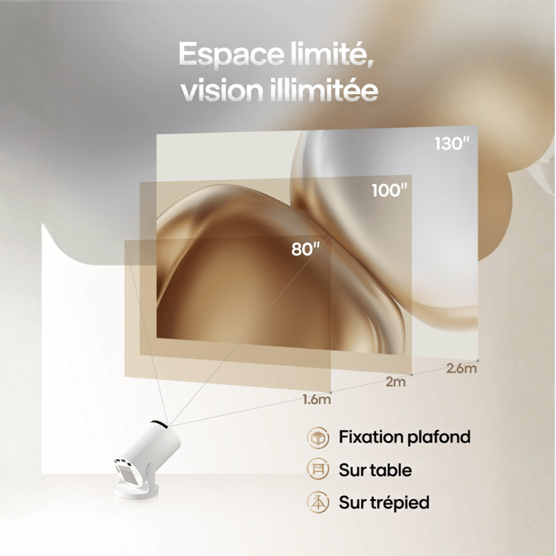 Schéma de tailles d'écran projeté selon la distance, avec projecteur blanc et options plafond, table ou trépied 18