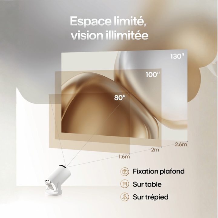 Schéma de tailles d'écran projeté selon la distance, avec projecteur blanc et options plafond, table ou trépied 18