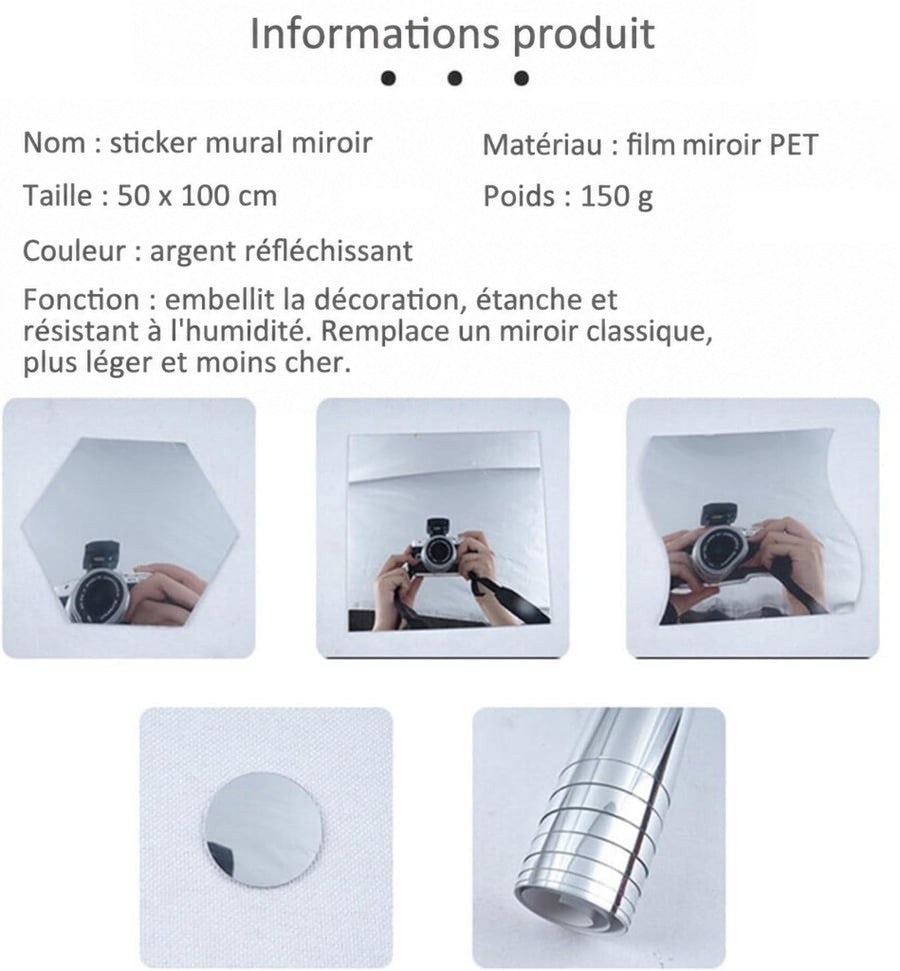 Fiche d'informations produit avec des miroirs hexagonal, carré et ondulé reflétant un appareil photo, plus un petit disque et le rouleau. 8