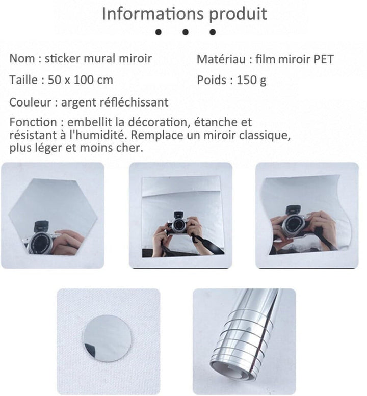 Fiche technique du film miroir, avec reflets d'un appareil photo dans plusieurs formes découpées 8