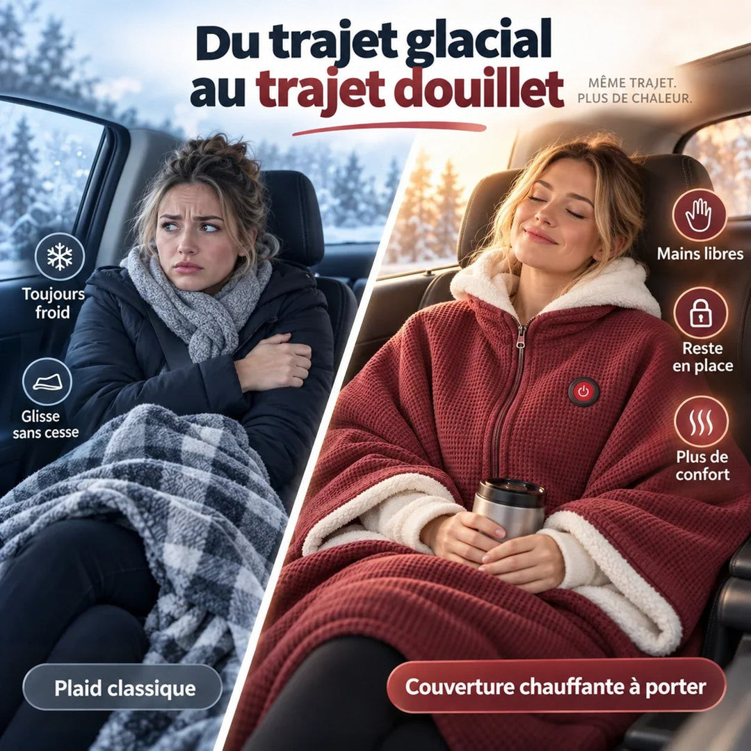 Comparaison en voiture en hiver : plaid classique à gauche, couverture chauffante portable rouge à droite 4