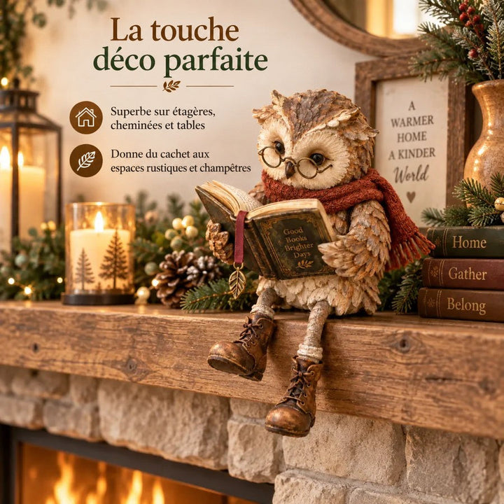 Chouette installée sur un manteau de cheminée en bois, parmi bougies, pommes de pin, branches de sapin et petits livres empilés. 5