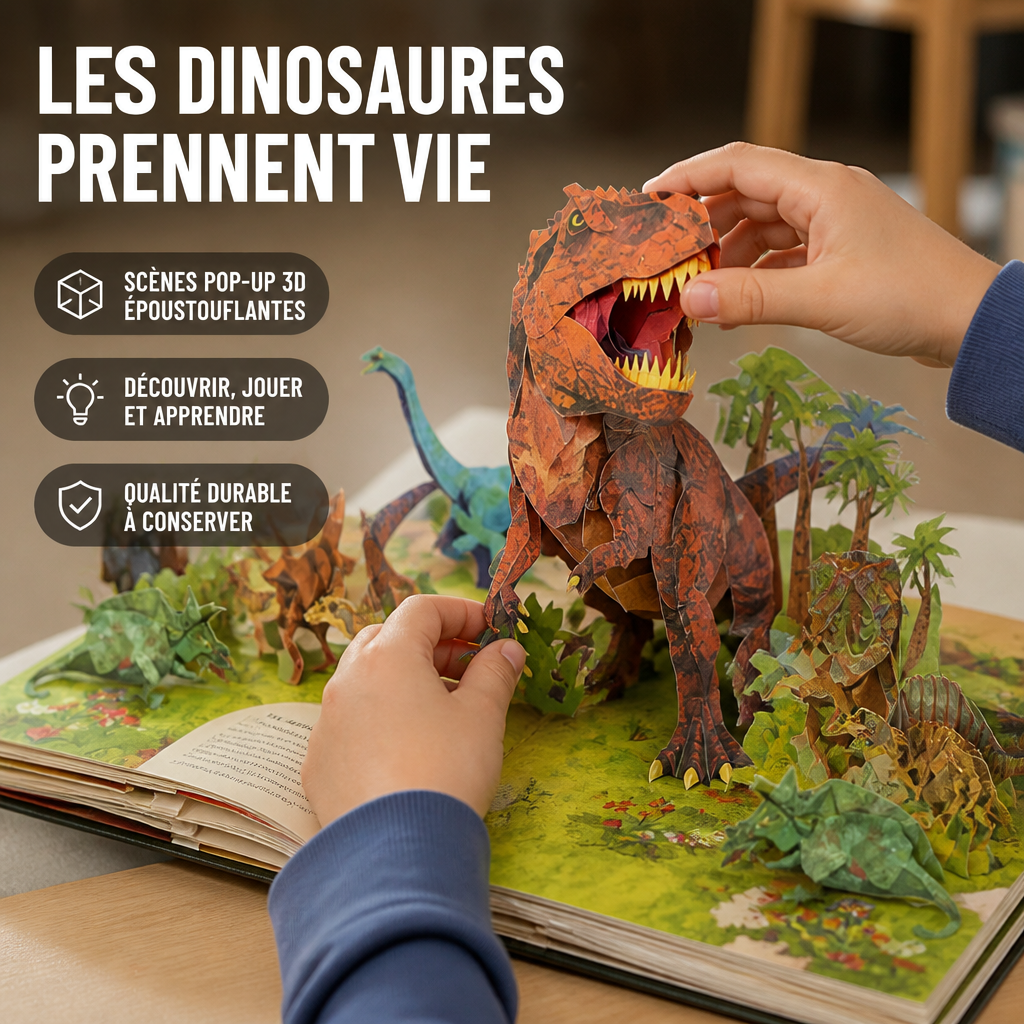 Gros plan de mains d'enfant manipulant le tyrannosaure en relief au milieu d'une jungle pop-up 4