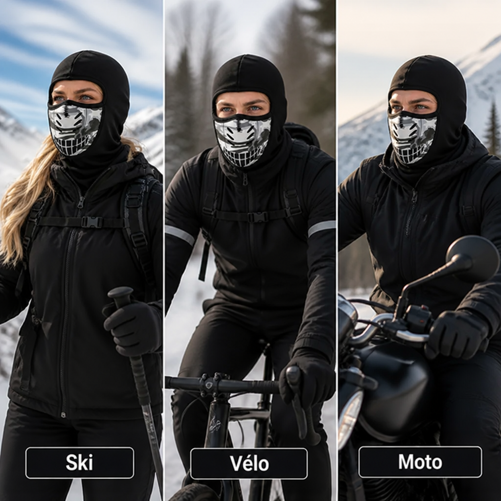 Trois portés en montage: ski, vélo et moto, chacun avec la cagoule noire à panneau camouflage sous la veste. 5